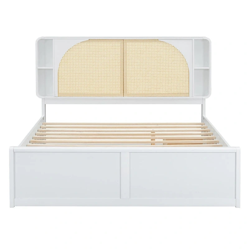 Queen Size Platform Bed Frame with Rattan Headboard & 2 Drawers and Pull Out Trundle, Wood Bed Frame with Shelves