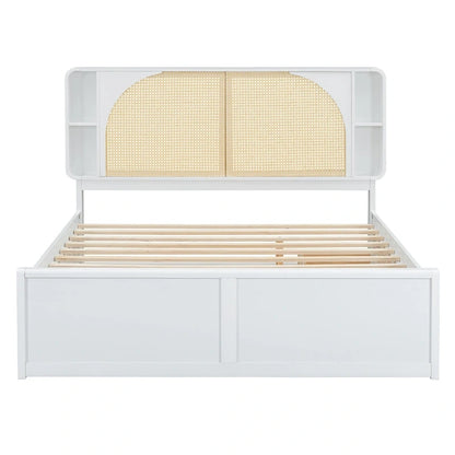Queen Size Platform Bed Frame with Rattan Headboard & 2 Drawers and Pull Out Trundle, Wood Bed Frame with Shelves