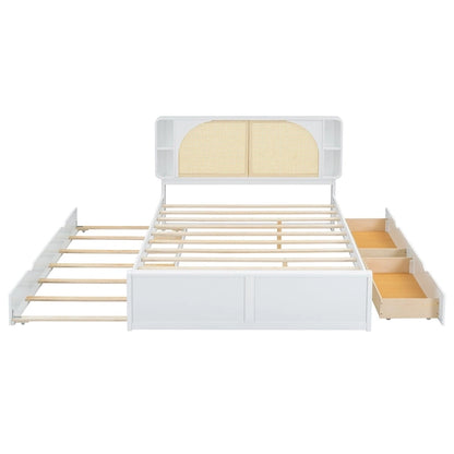 Queen Size Platform Bed Frame with Rattan Headboard & 2 Drawers and Pull Out Trundle, Wood Bed Frame with Shelves