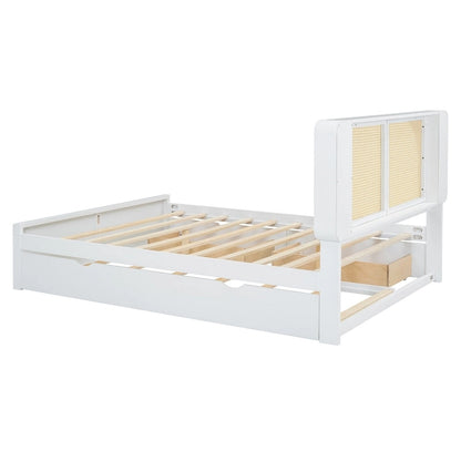 Queen Size Platform Bed Frame with Rattan Headboard & 2 Drawers and Pull Out Trundle, Wood Bed Frame with Shelves