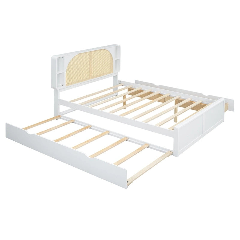 Queen Size Platform Bed Frame with Rattan Headboard & 2 Drawers and Pull Out Trundle, Wood Bed Frame with Shelves