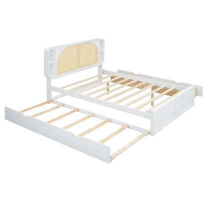 Queen Size Platform Bed Frame with Rattan Headboard & 2 Drawers and Pull Out Trundle, Wood Bed Frame with Shelves