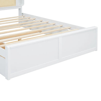 Queen Size Platform Bed Frame with Rattan Headboard & 2 Drawers and Pull Out Trundle, Wood Bed Frame with Shelves