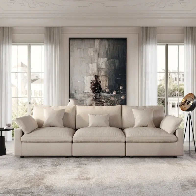 Oversized Modular Sofa with Pillows, Linen Blend Fabric Minimalist Deep Seat Sofa Couches for Living Room, Khaki