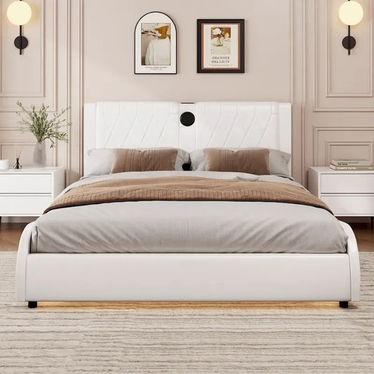 Faux Leather Upholstered Frame Platform Bed with Thickened Headboard Built-in Bluetooth Speakers, RGB LED Light Bed Frame