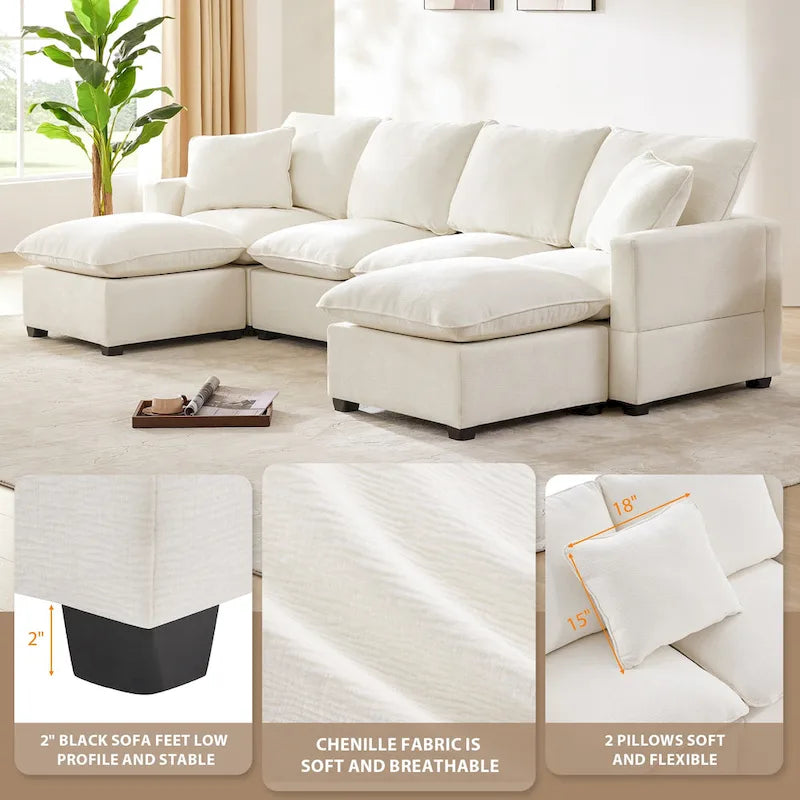 U Shape Modular Sofa, 6 Seat Chenille Deep Seat Sectional Couch