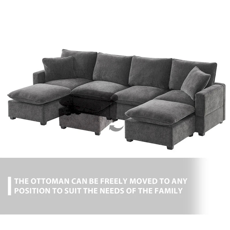 U Shape Modular Sofa, 6 Seat Chenille Deep Seat Sectional Couch