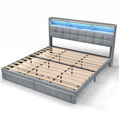 King Size Platform Bed with Fast Charging Station & Storage Headboard , RGB Lighting, 20W USB Ports