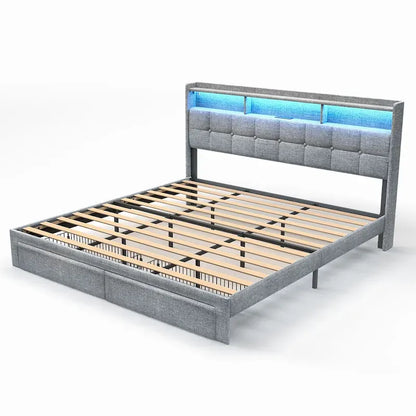 King Size Platform Bed with Fast Charging Station & Storage Headboard , RGB Lighting, 20W USB Ports