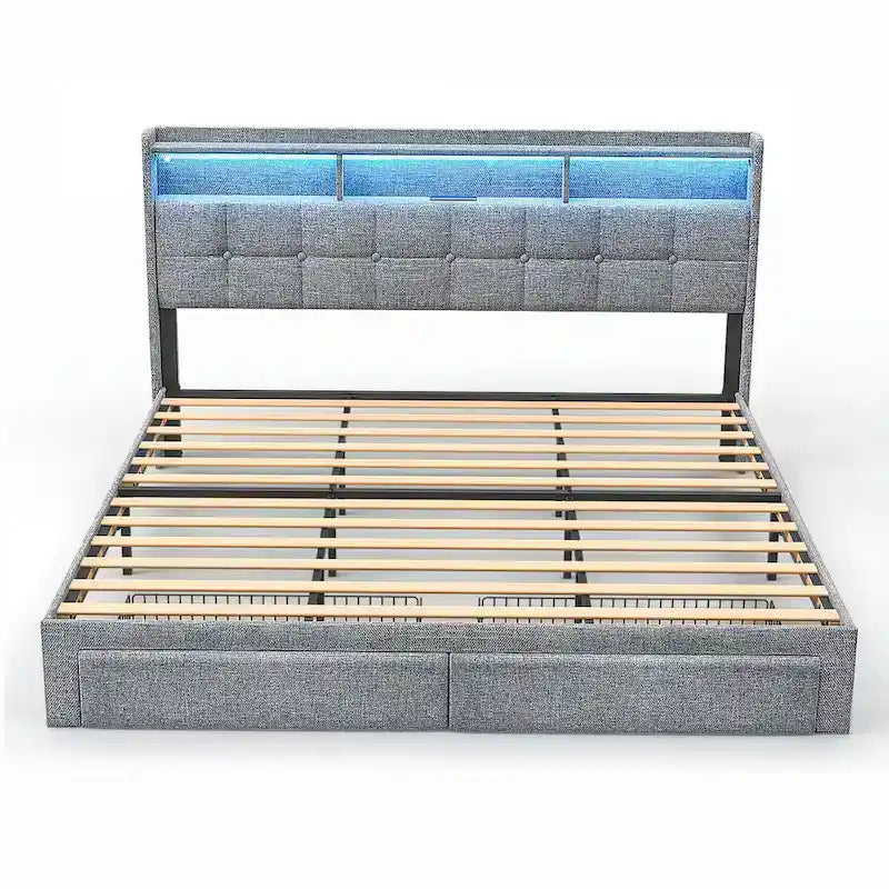 King Size Platform Bed with Fast Charging Station & Storage Headboard , RGB Lighting, 20W USB Ports