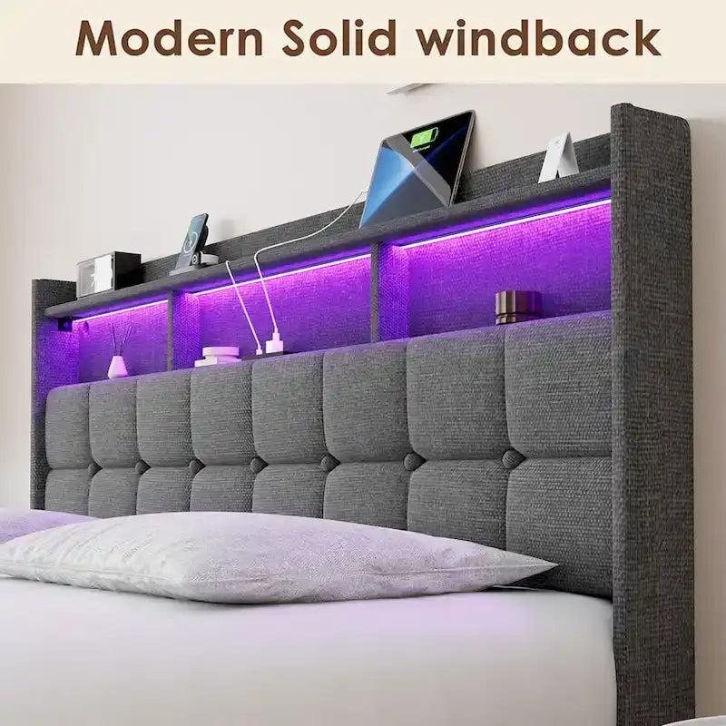 King Size Platform Bed with Fast Charging Station & Storage Headboard , RGB Lighting, 20W USB Ports