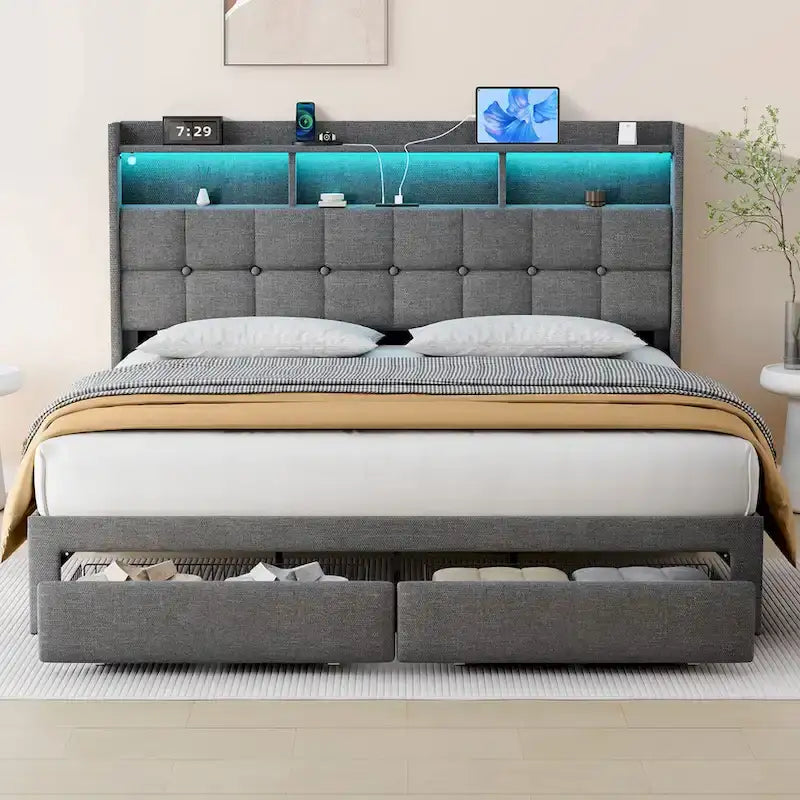 King Size Platform Bed with Fast Charging Station & Storage Headboard , RGB Lighting, 20W USB Ports