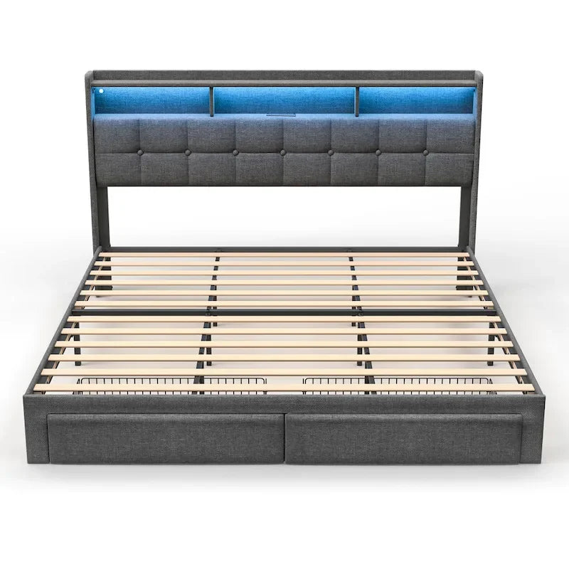 King Size Platform Bed with Fast Charging Station & Storage Headboard , RGB Lighting, 20W USB Ports