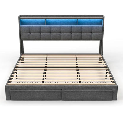King Size Platform Bed with Fast Charging Station & Storage Headboard , RGB Lighting, 20W USB Ports