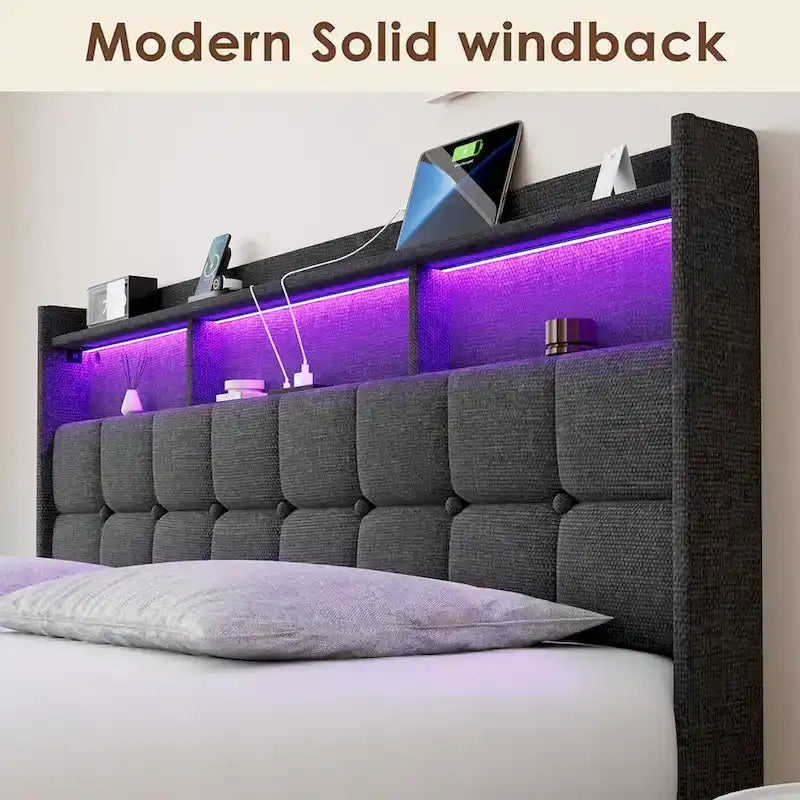 King Size Platform Bed with Fast Charging Station & Storage Headboard , RGB Lighting, 20W USB Ports