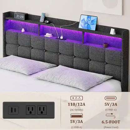 King Size Platform Bed with Fast Charging Station & Storage Headboard , RGB Lighting, 20W USB Ports