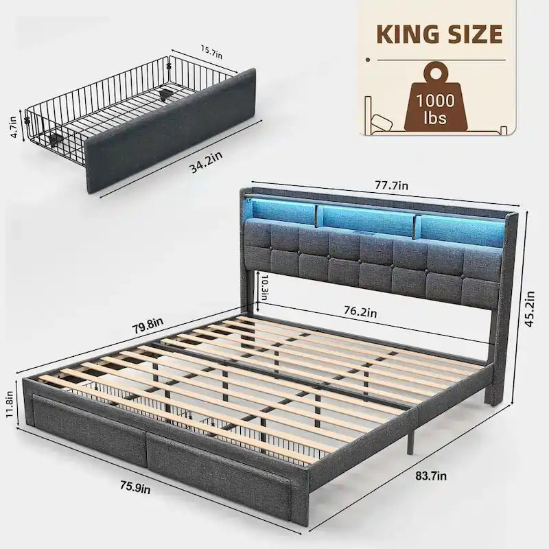 King Size Platform Bed with Fast Charging Station & Storage Headboard , RGB Lighting, 20W USB Ports