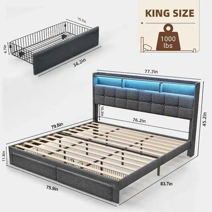 King Size Platform Bed with Fast Charging Station & Storage Headboard , RGB Lighting, 20W USB Ports