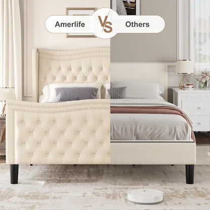 Modern Style Velvet Platform Bed with Upholstered Headboard for Bedroom