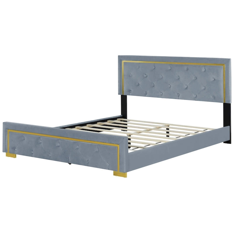 Queen Size Upholstered Platform Bed with Pull Point Headboard and Metal Wire Frame