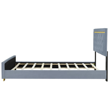 Queen Size Upholstered Platform Bed with Pull Point Headboard and Metal Wire Frame