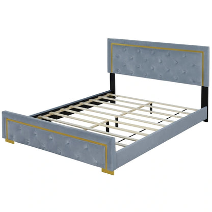 Queen Size Upholstered Platform Bed with Pull Point Headboard and Metal Wire Frame