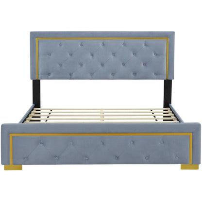 Queen Size Upholstered Platform Bed with Pull Point Headboard and Metal Wire Frame
