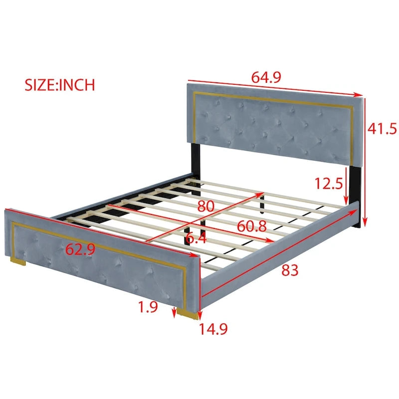 Queen Size Upholstered Platform Bed with Pull Point Headboard and Metal Wire Frame