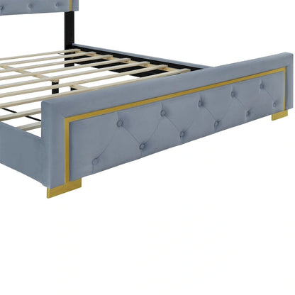 Queen Size Upholstered Platform Bed with Pull Point Headboard and Metal Wire Frame