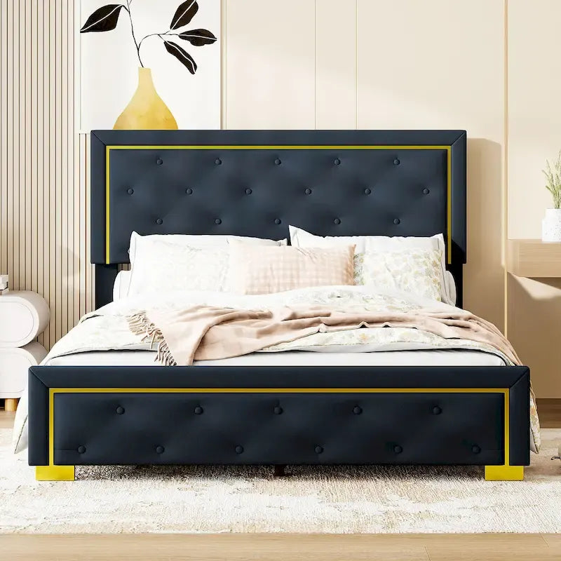 Queen Size Upholstered Platform Bed with Pull Point Headboard and Metal Wire Frame