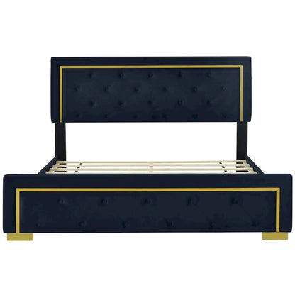 Queen Size Upholstered Platform Bed with Pull Point Headboard and Metal Wire Frame