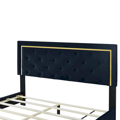 Queen Size Upholstered Platform Bed with Pull Point Headboard and Metal Wire Frame