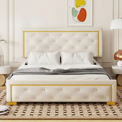 Queen Size Upholstered Platform Bed with Pull Point Headboard and Metal Wire Frame