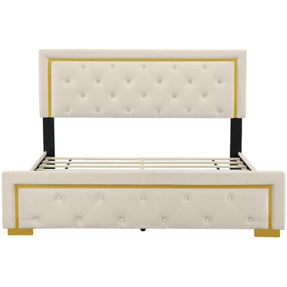 Queen Size Upholstered Platform Bed with Pull Point Headboard and Metal Wire Frame