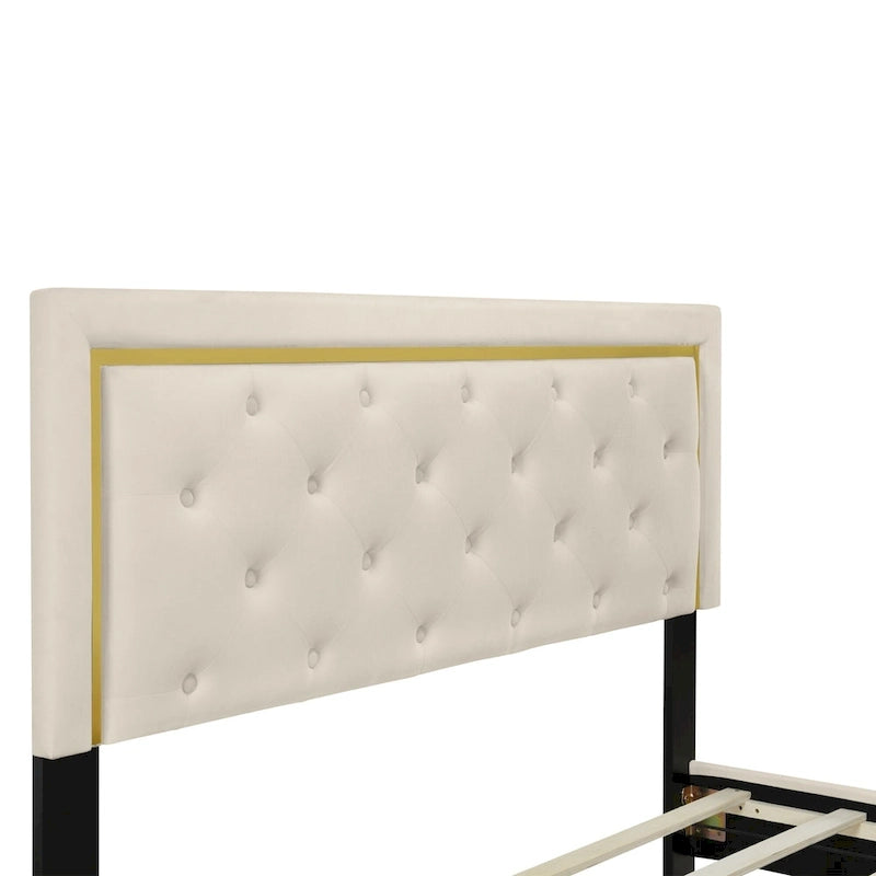 Queen Size Upholstered Platform Bed with Pull Point Headboard and Metal Wire Frame