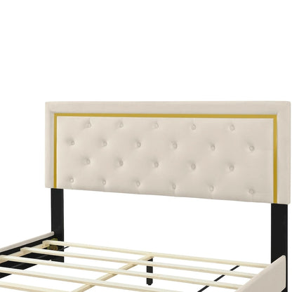 Queen Size Upholstered Platform Bed with Pull Point Headboard and Metal Wire Frame