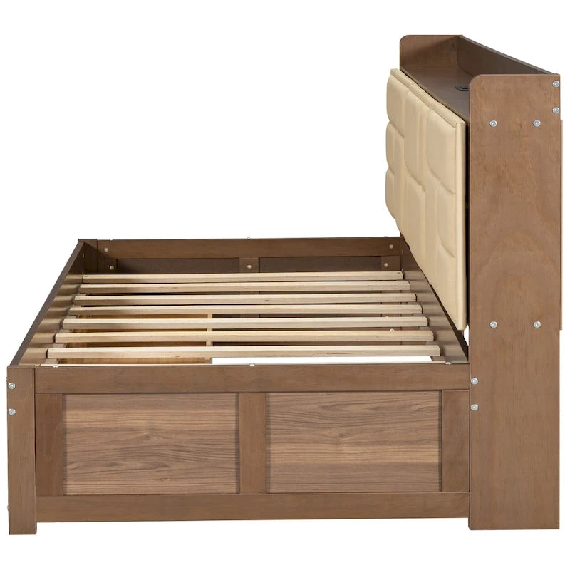 Wood Twin Size Wood Daybed with Upholstered Headboard, USB Ports, and 2 Drawers