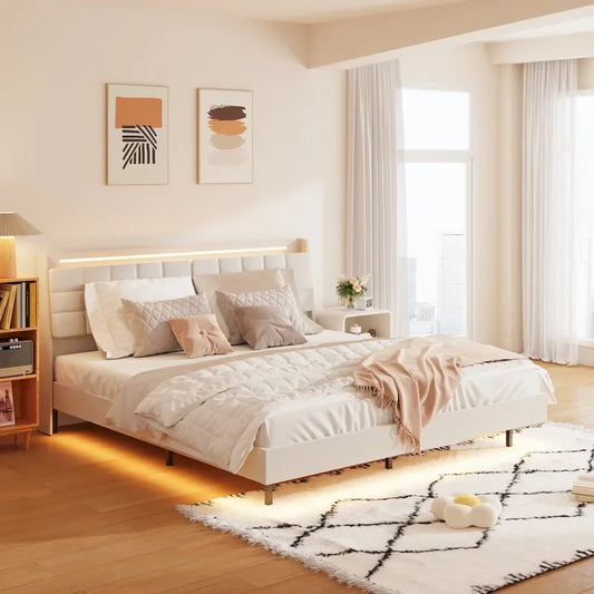 Beige King Size Floating Upholstered Platform Bed with Headboard and Hidden Storage Space