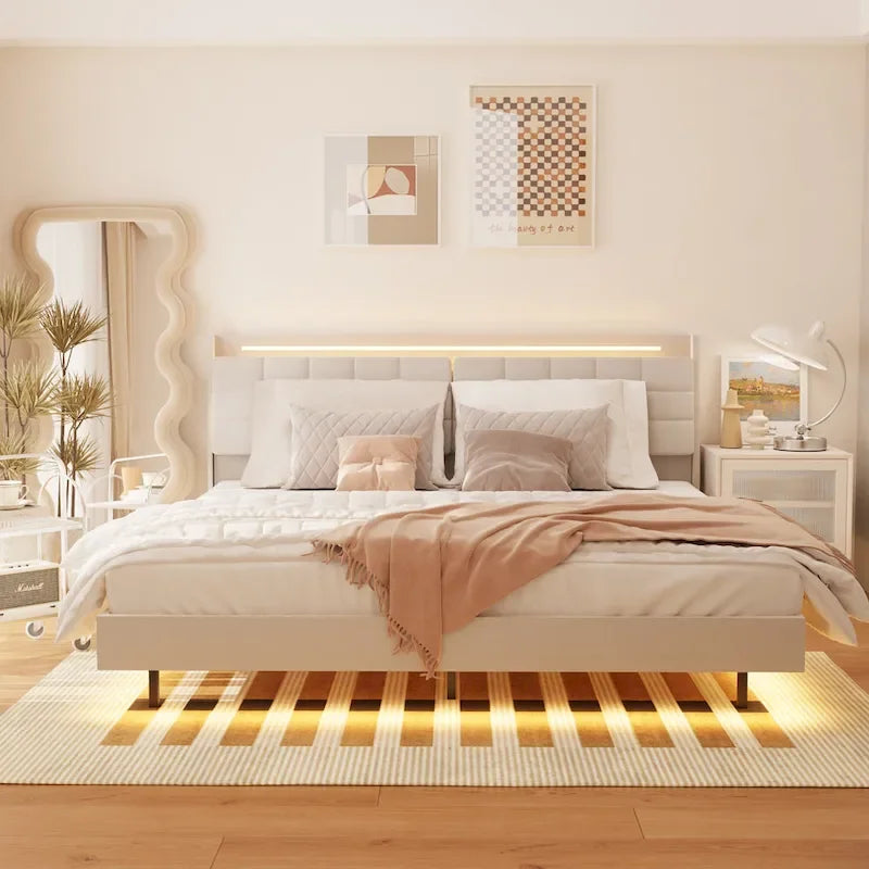 Beige King Size Floating Upholstered Platform Bed with Headboard and Hidden Storage Space