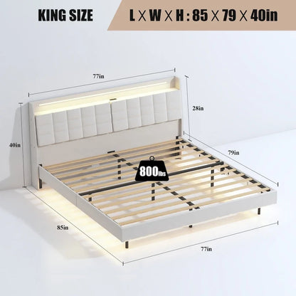 Beige King Size Floating Upholstered Platform Bed with Headboard and Hidden Storage Space