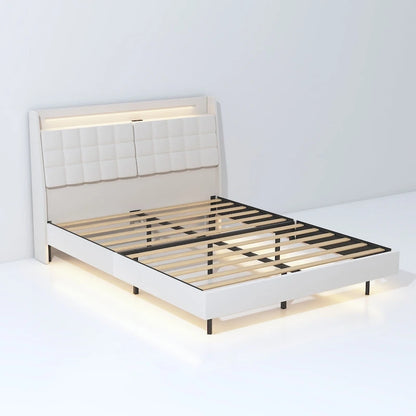 Beige King Size Floating Upholstered Platform Bed with Headboard and Hidden Storage Space