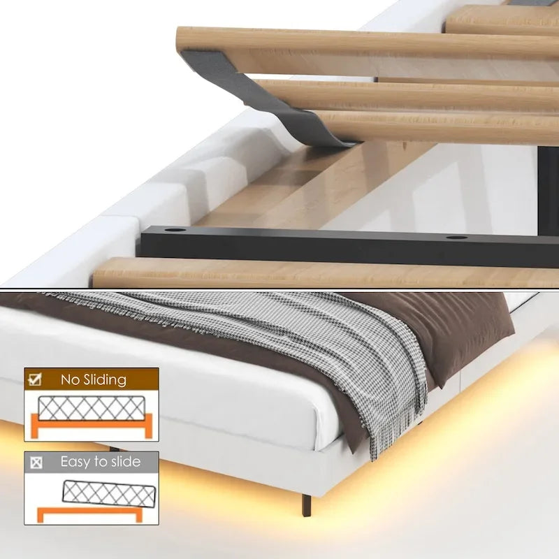 Beige King Size Floating Upholstered Platform Bed with Headboard and Hidden Storage Space
