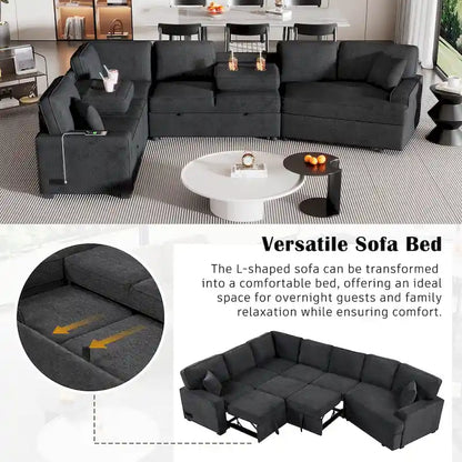 126 L-Shaped 6-Seat Sectional Sofa with Pull-Out Bed, USB Charging Ports, and Drop-Down Cup Holder Tables
