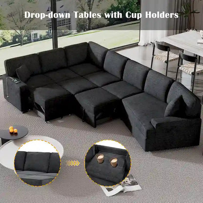 126 L-Shaped 6-Seat Sectional Sofa with Pull-Out Bed, USB Charging Ports, and Drop-Down Cup Holder Tables