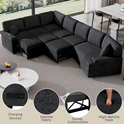 126 L-Shaped 6-Seat Sectional Sofa with Pull-Out Bed, USB Charging Ports, and Drop-Down Cup Holder Tables