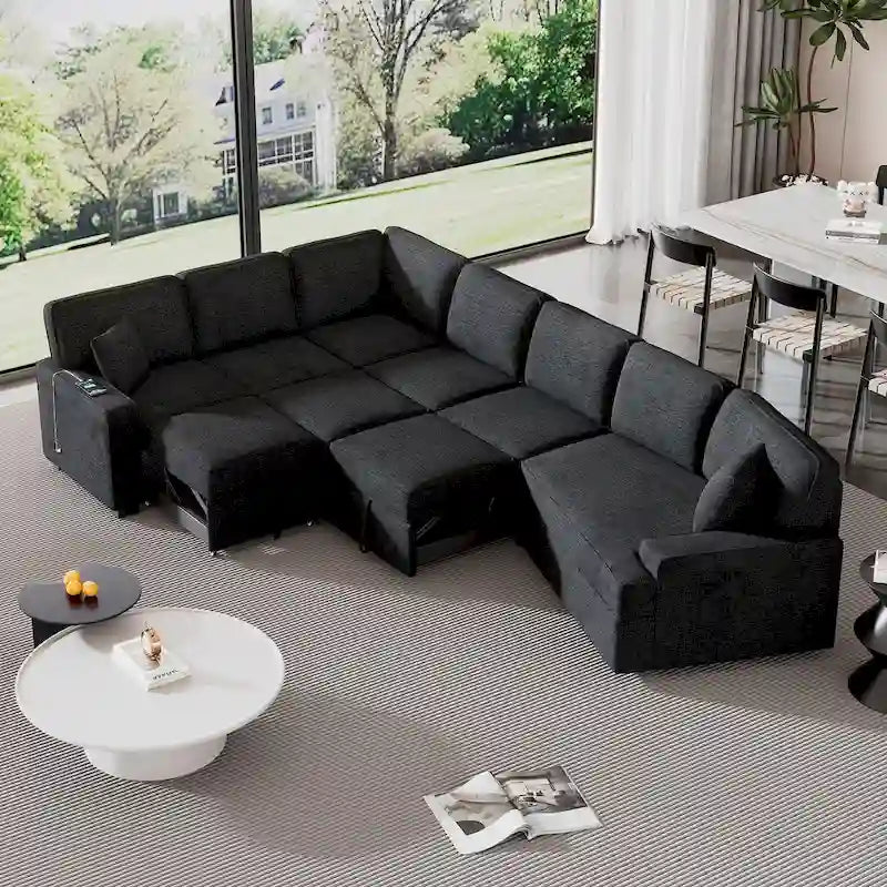 126 L-Shaped 6-Seat Sectional Sofa with Pull-Out Bed, USB Charging Ports, and Drop-Down Cup Holder Tables