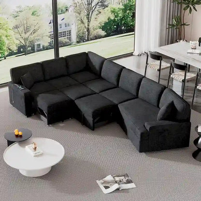 126 L-Shaped 6-Seat Sectional Sofa with Pull-Out Bed, USB Charging Ports, and Drop-Down Cup Holder Tables