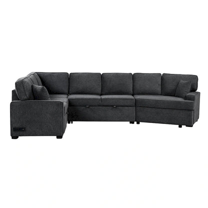 126 L-Shaped 6-Seat Sectional Sofa with Pull-Out Bed, USB Charging Ports, and Drop-Down Cup Holder Tables