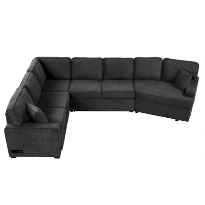 126 L-Shaped 6-Seat Sectional Sofa with Pull-Out Bed, USB Charging Ports, and Drop-Down Cup Holder Tables