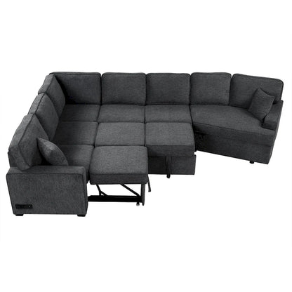 126 L-Shaped 6-Seat Sectional Sofa with Pull-Out Bed, USB Charging Ports, and Drop-Down Cup Holder Tables